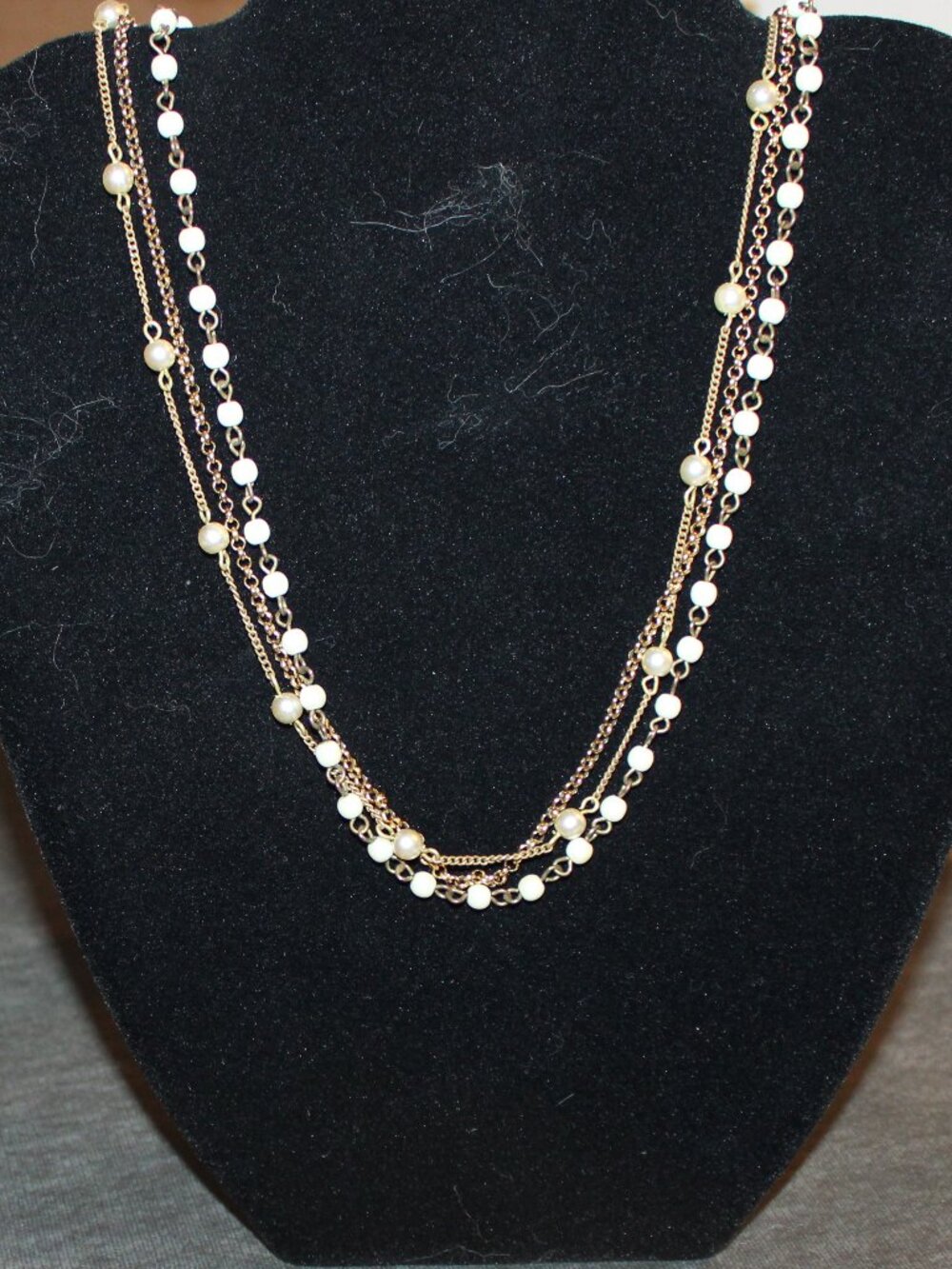 Delicate Multi-Strand Gold & Cream Faux Pearl Layered Necklace Costume Jewelry